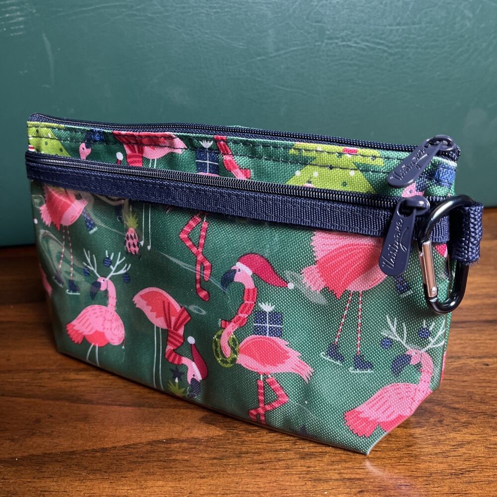 Thirty-One Clear Zipper Pouch Clip On “Festive Flamingos” Make-up Travel Storage